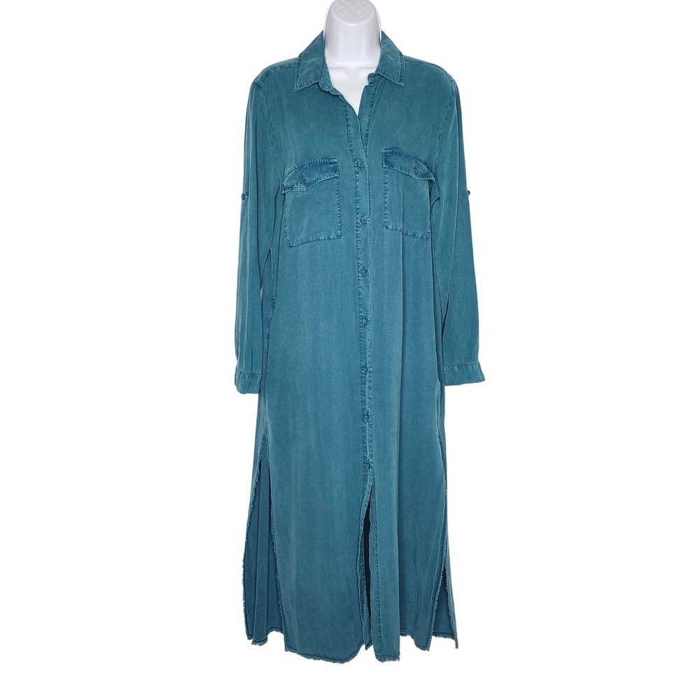 Cloth & Stone Tencel Long Roll-Tab Sleeve Button Down Collar Maxi Dress, size L